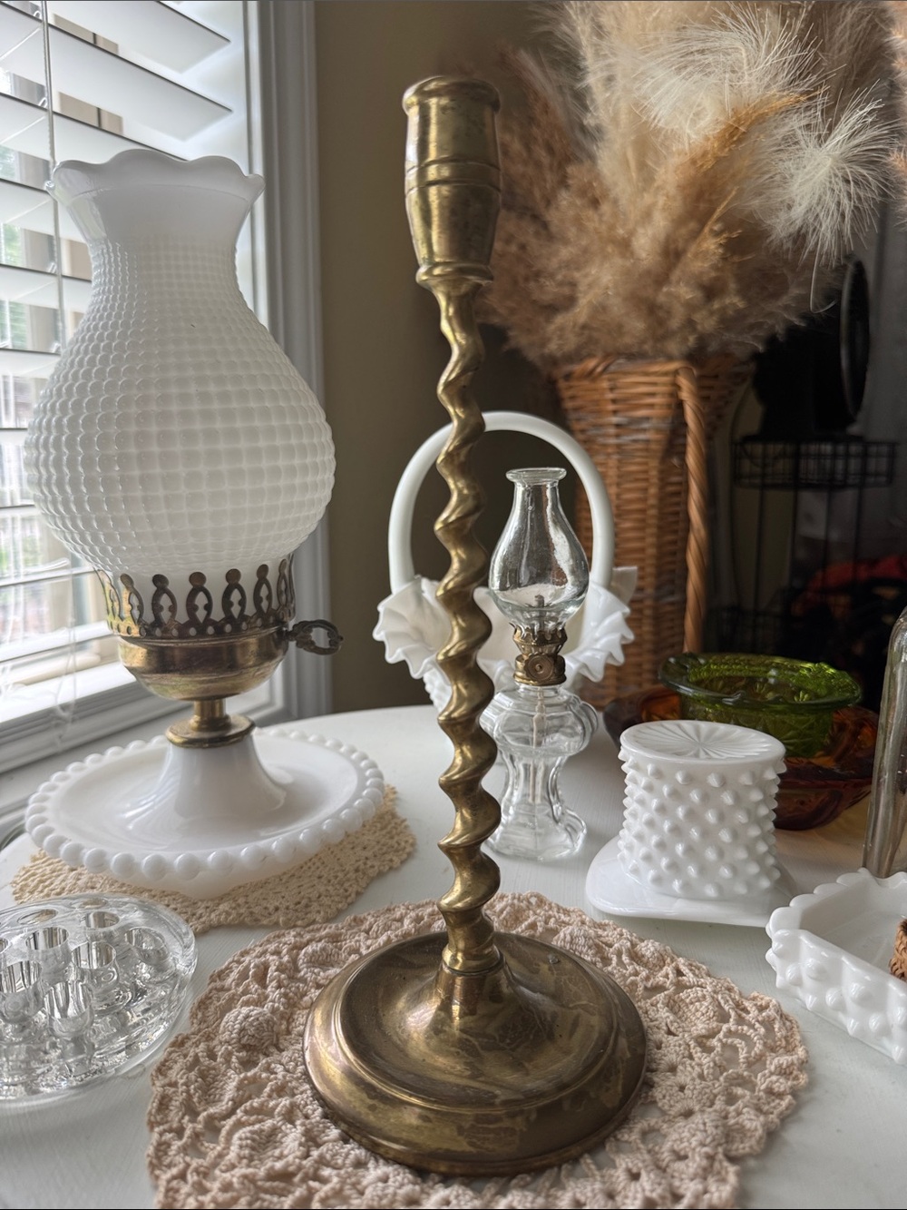 Brass Twisted Candlestick Holder - White Accents